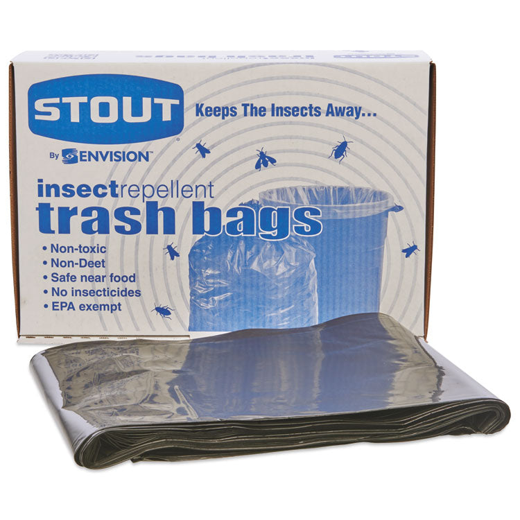 Stout® by Envision™ Insect-Repellent Trash Bags, 45 gal, 2 mil, 40" x 45", Black, 65/Box (STOP4045K20) Box of 65