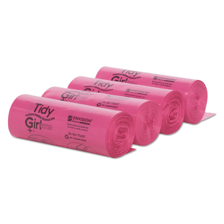 Tidy Girl™ Feminine Hygiene Sanitary Disposal Bags, 4" x 10", Pink/Black, 150 Bags/Roll, 4 Rolls/Carton (STOTGUF) 4 Rolls of 150