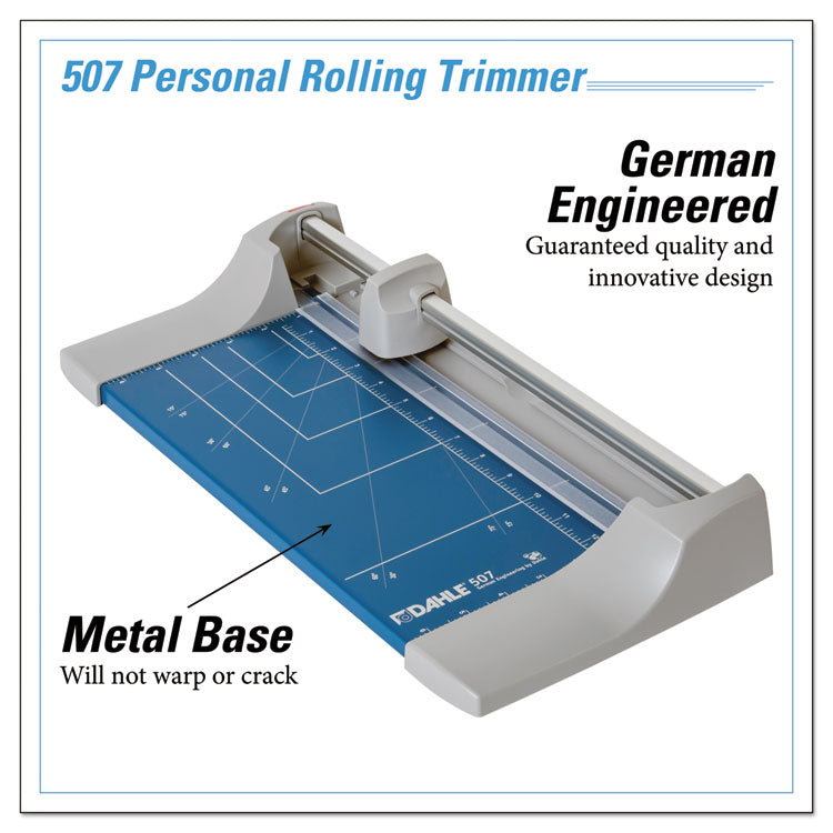 Dahle® Rolling/Rotary Paper Trimmer/Cutter, 7 Sheets, 12" Cut Length, Metal Base, 8.25 x 17.38 (DAH507) Each