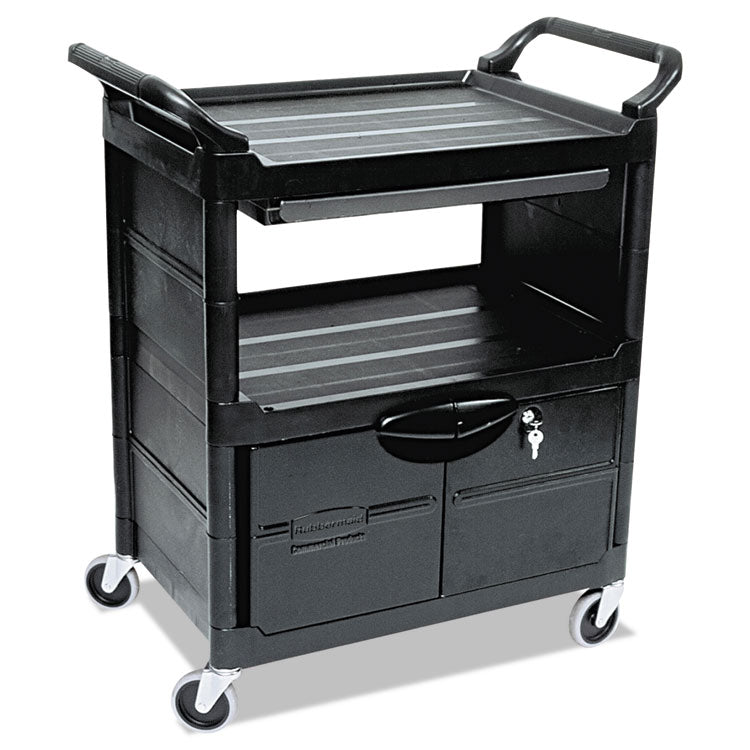 Rubbermaid® Commercial Utility Cart with Locking Doors, Plastic, 3 Shelves, 200 lb Capacity, 33.63" x 18.63" x 37.75", Black (RCP345700BLA)