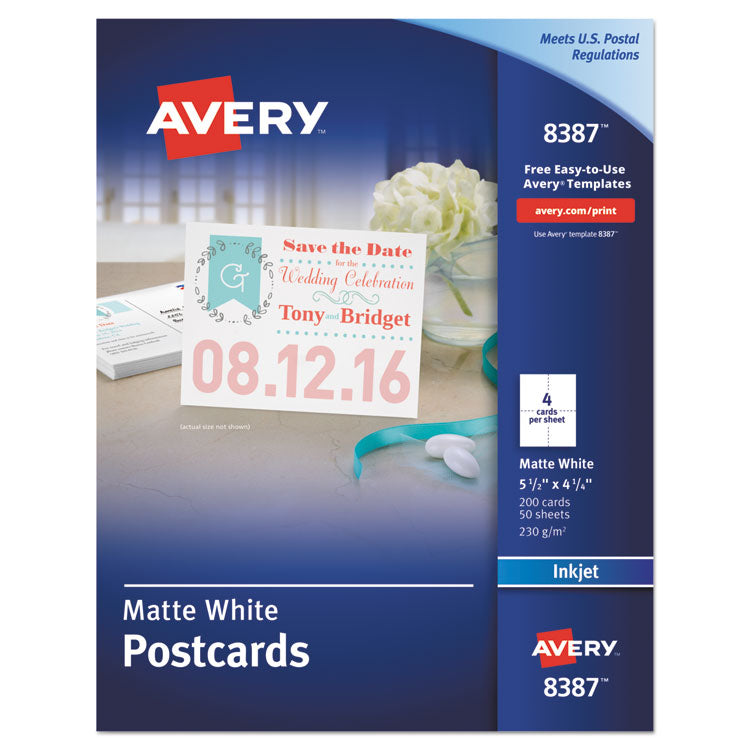 Avery® Printable Postcards, Inkjet, 85 lb, 4.25 x 5.5, Matte White, 200 Cards, 4 Cards/Sheet, 50 Sheets/Box (AVE8387)