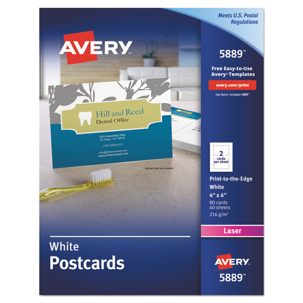 Avery® Printable Postcards, Laser, 80 lb, 4 x 6, Uncoated White, 80 Cards, 2 Cards/Sheet, 40 Sheets/Box (AVE5889)