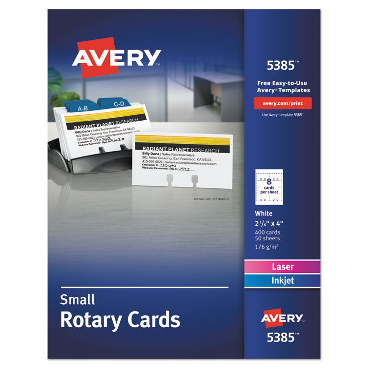 Avery® Small Rotary Cards, Laser/Inkjet, 2.17 x 4, White, 8 Cards/Sheet, 400 Cards/Box (AVE5385)