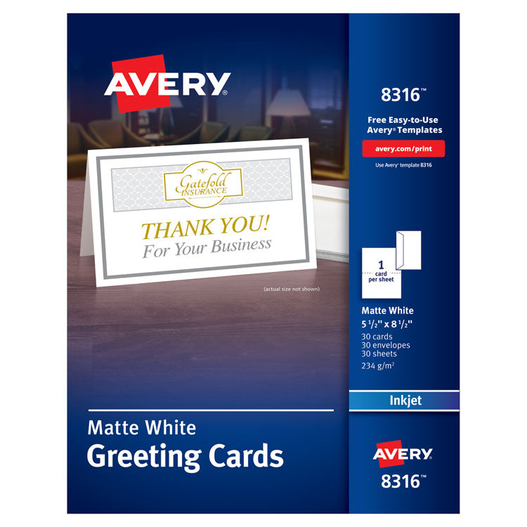 Avery® Half-Fold Greeting Cards with Matching Envelopes, Inkjet, 85 lb, 5.5 x 8.5, Matte White, 1 Card/Sheet, 30 Sheets/Box (AVE8316)