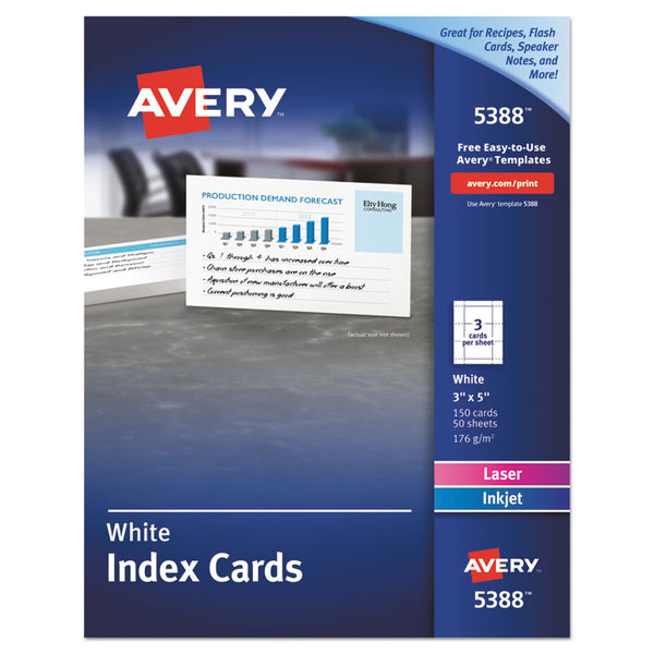 Avery® Printable Index Cards with Sure Feed, Unruled, Inkjet/Laser, 3 x 5, White, 150 Cards, 3 Cards/Sheet, 50 Sheets/Box (AVE5388)