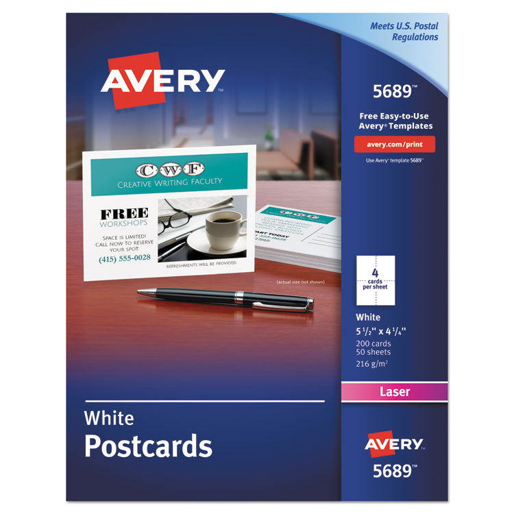 Avery® Printable Postcards, Laser, 80 lb, 4.25 x 5.5, Uncoated White, 200 Cards, 4 Cards/Sheet, 50 Sheets/Box (AVE5689)