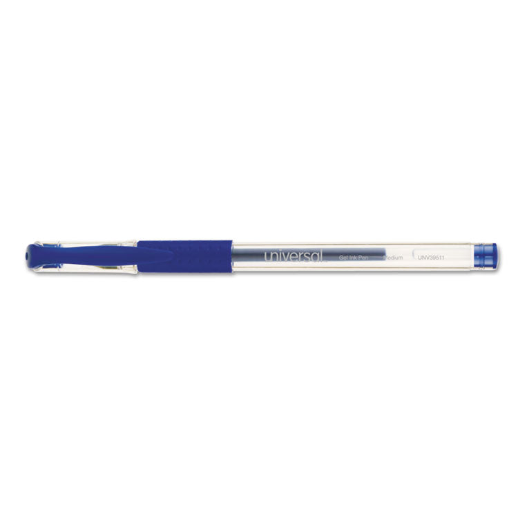 Universal™ Comfort Grip Gel Pen, Stick, Medium 0.7 mm, Blue Ink, Clear/Blue Barrel, Dozen (UNV39511)