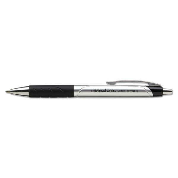 Universal™ Comfort Grip Ballpoint Pen, Retractable, Medium 1 mm, Black Ink, Silver/Black Barrel, Dozen (UNV15540)
