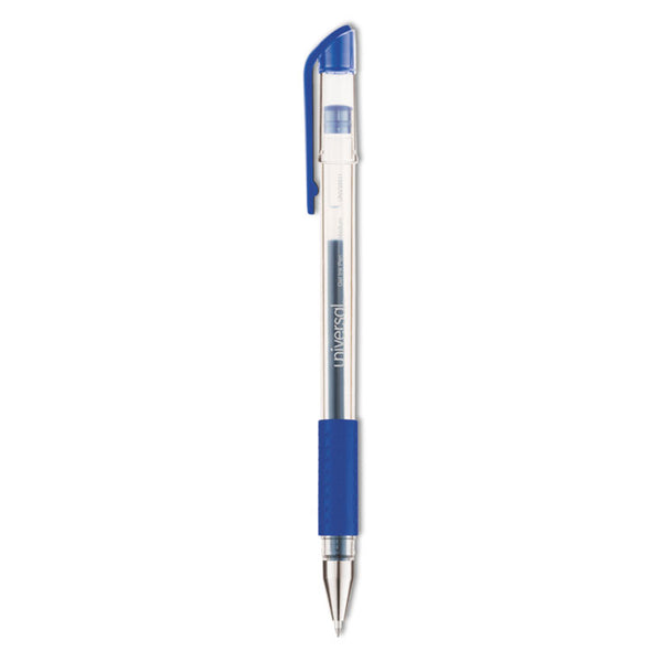 Universal™ Comfort Grip Gel Pen, Stick, Medium 0.7 mm, Blue Ink, Clear/Blue Barrel, Dozen (UNV39511)