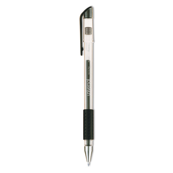 Universal™ Comfort Grip Gel Pen, Stick, Medium 0.7 mm, Black Ink, Clear/Black Barrel, Dozen (UNV39510)