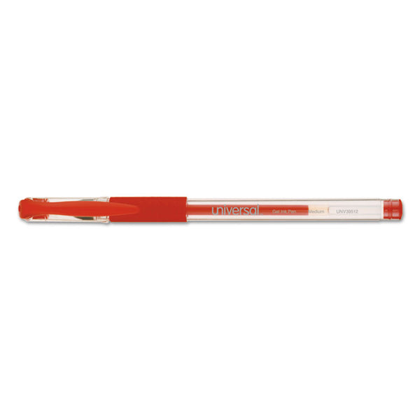 Universal™ Comfort Grip Gel Pen, Stick, Medium 0.7 mm, Red Ink, Clear/Red Barrel, Dozen (UNV39512)