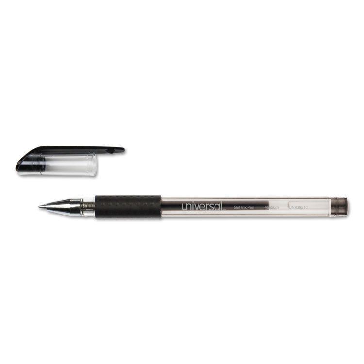 Universal™ Comfort Grip Gel Pen, Stick, Medium 0.7 mm, Black Ink, Clear/Black Barrel, Dozen (UNV39510)