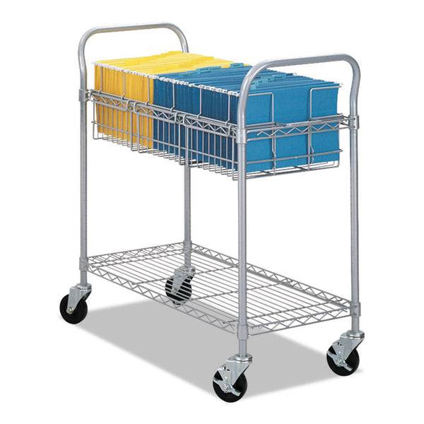 Safco® Dual-Purpose Wire Mail and Filing Cart, Metal, 1 Shelf, 1 Bin, 39" x 18.75" x 38.5", Metallic Gray (SAF5236GR)