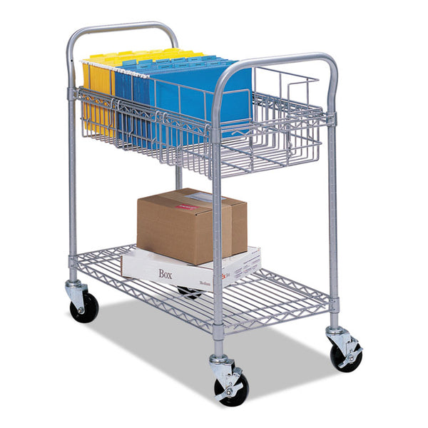 Safco® Dual-Purpose Wire Mail and Filing Cart, Metal, 1 Shelf, 1 Bin, 26.75" x 18.75" x 38.5", Metallic Gray (SAF5235GR)