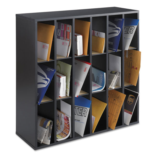 Safco® Wood Mail Sorter with Adjustable Dividers, Stackable, 18 Compartments, 33.75 x 12 x 32.75, Black (SAF7765BL)