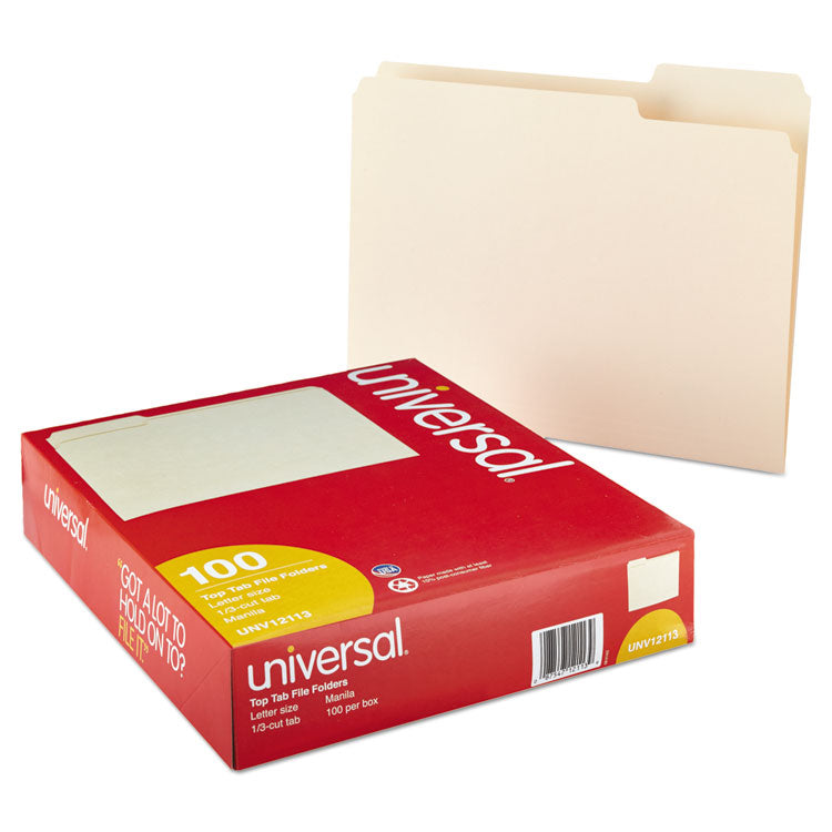 Universal® Top Tab File Folders, 1/3-Cut Tabs: Assorted, Letter Size, 0.75" Expansion, Manila, 100/Box (UNV12113)