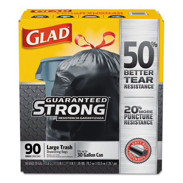 Glad® Drawstring Large Trash Bags, 30 gal, 1.05 mil, 30" x 33", Black, 90/Carton (CLO78952)