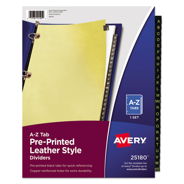 Avery® Preprinted Black Leather Tab Dividers w/Copper Reinforced Holes, 25-Tab, A to Z, 11 x 8.5, Buff, 1 Set (AVE25180)