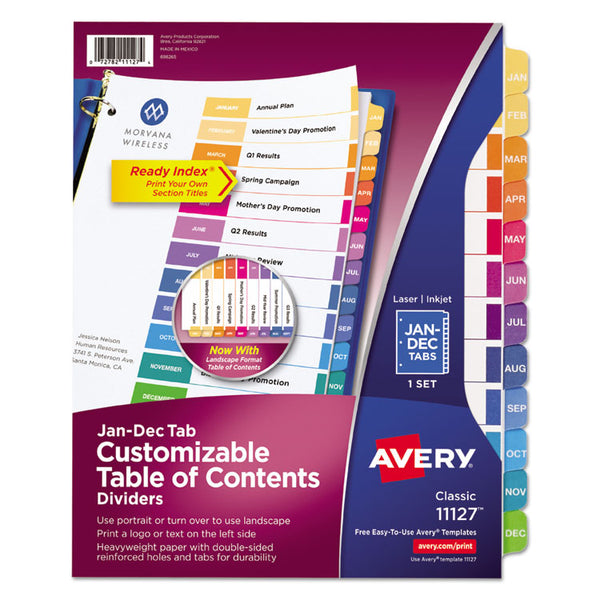 Avery® Customizable TOC Ready Index Multicolor Tab Dividers, 12-Tab, Jan. to Dec., 11 x 8.5, White, Traditional Color Tabs, 1 Set (AVE11127)