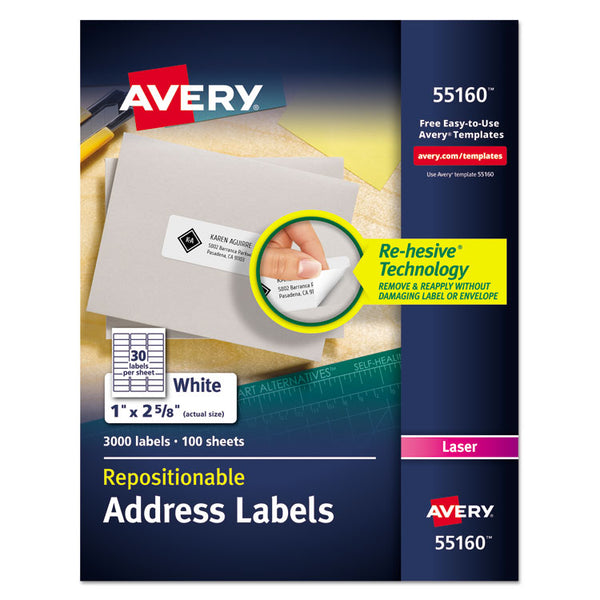 Avery® Repositionable Address Labels w/SureFeed, Laser, 1 x 2.63, White, 3000/Box (AVE55160)