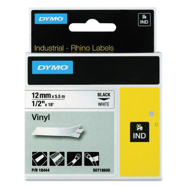 DYMO® Rhino Permanent Vinyl Industrial Label Tape, 0.5" x 18 ft, White/Black Print (DYM18444)