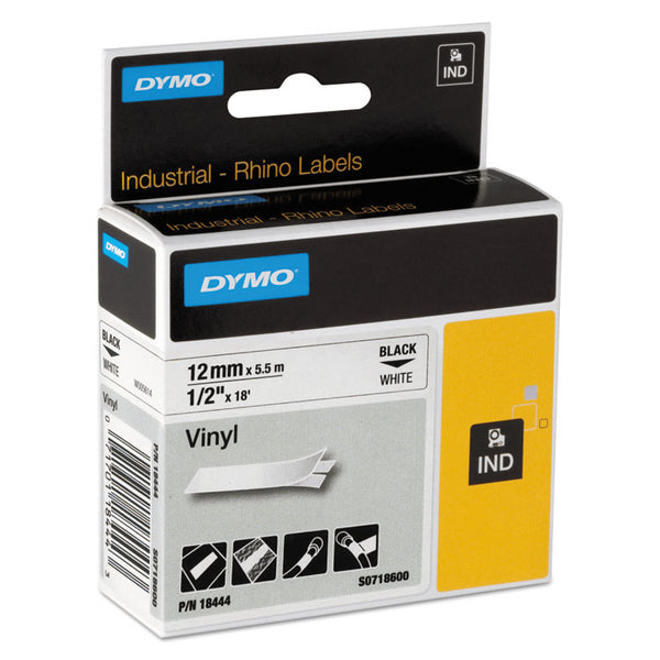 DYMO® Rhino Permanent Vinyl Industrial Label Tape, 0.5" x 18 ft, White/Black Print (DYM18444)