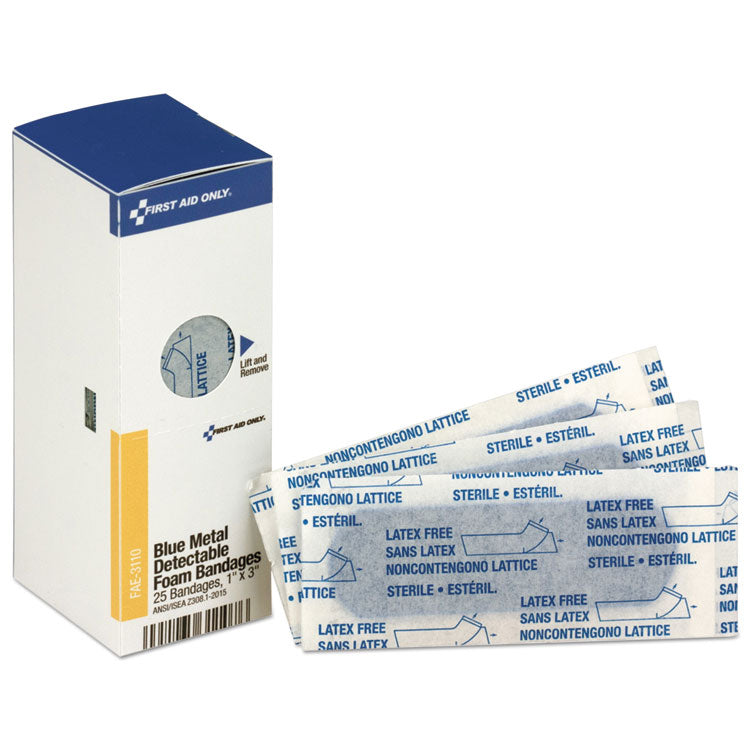 First Aid Only™ Metal Detectable Adhesive Bandages, Foam, Blue, 1 x 3, 25/Box (FAOFAE3110) Box of 25