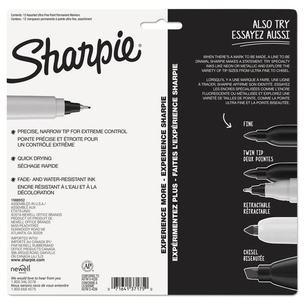 Sharpie® Ultra Fine Tip Permanent Marker, Ultra-Fine Needle Tip, Assorted Colors, Dozen (SAN37175PP)