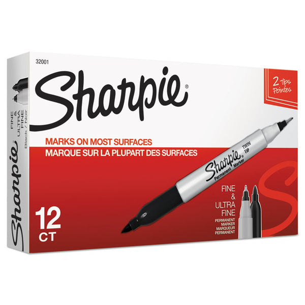 Sharpie® Twin-Tip Permanent Marker, Extra-Fine/Fine Bullet Tips, Black, Dozen (SAN32001)