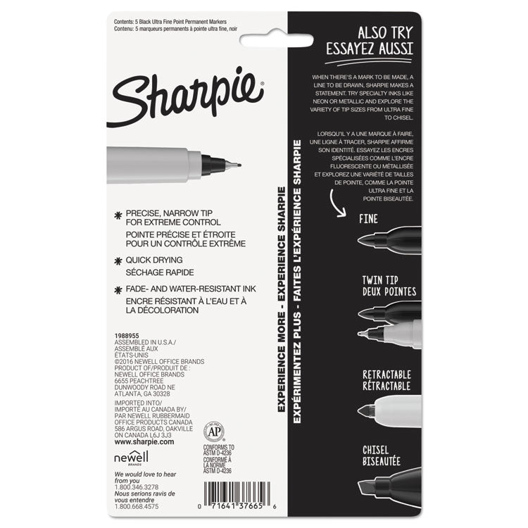 Sharpie® Ultra Fine Tip Permanent Marker, Ultra-Fine Needle Tip, Black, 5/Pack (SAN37665PP) Pack of 5