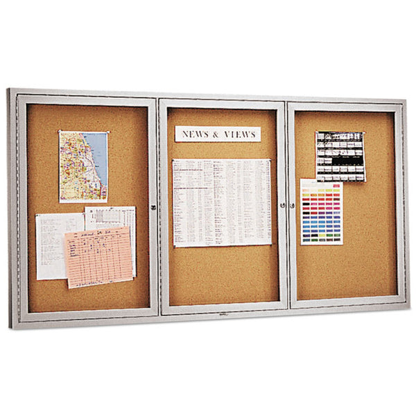 Quartet® Enclosed Indoor Cork Bulletin Board with Three Hinged Doors, 72 x 36, Tan Surface, Silver Aluminum Frame (QRT2366)