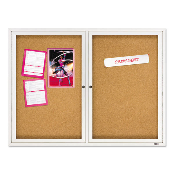 Quartet® Enclosed Indoor Cork Bulletin Board with Two Hinged Doors, 48 x 36, Tan Surface, Silver Aluminum Frame (QRT2364)