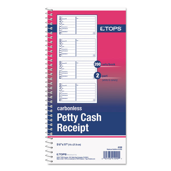 TOPS™ Petty Cash Receipt Book, Two-Part Carbonless, 5 x 2.75, 4 Forms/Sheet, 200 Forms Total (TOP4109) Each