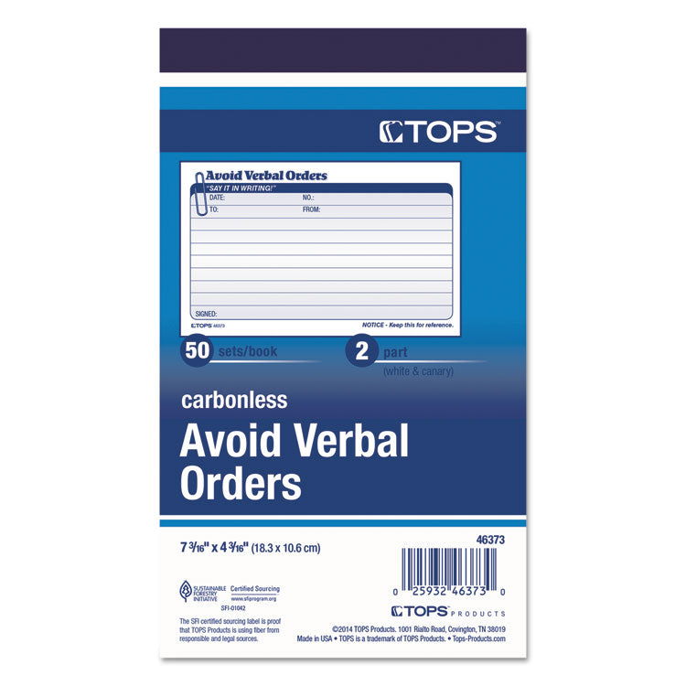 TOPS™ Avoid Verbal Orders Manifold Book, Two-Part Carbonless, 6.25 x 4.25, 50 Forms Total (TOP46373) Each