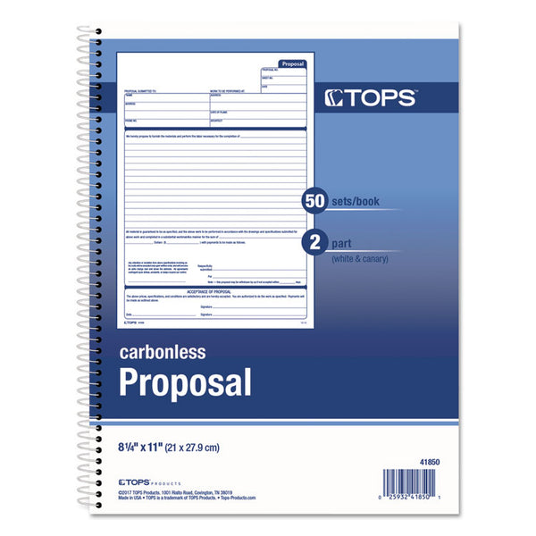 TOPS™ Spiralbound Proposal Form Book, Two-Part Carbonless, 11 x 8.5, 50 Forms Total (TOP41850)