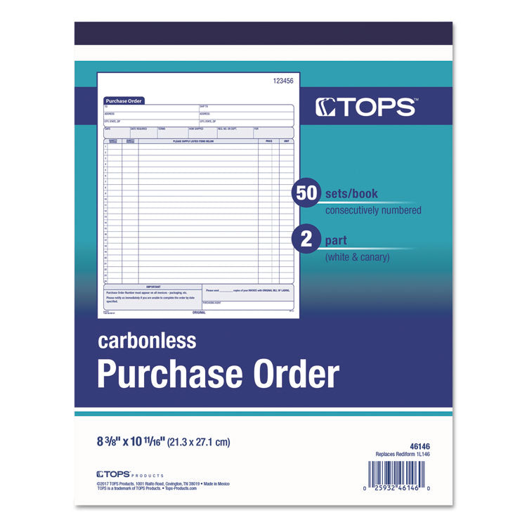 TOPS™ Purchase Order Book, 22 Lines, Two-Part Carbonless, 8.38 x 10.19, 50 Forms Total (TOP46146) Each