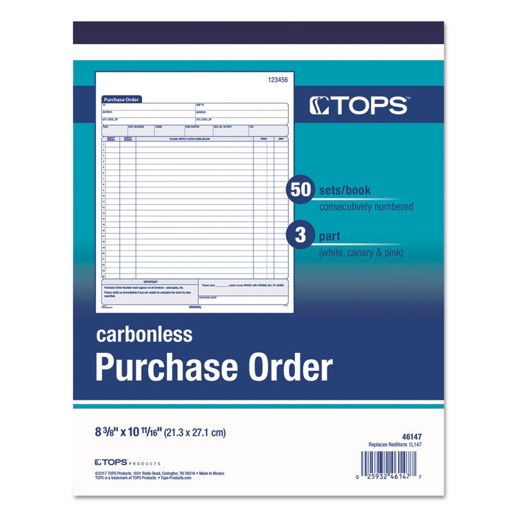 TOPS™ Purchase Order Book, 22 Lines, Three-Part Carbonless, 8.38 x 10.19, 50 Forms Total (TOP46147) Each