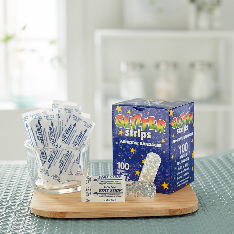 Glitter™ Stat Strip® Adhesive Strip 3/4 X 3 Inch Plastic Rectangle Kid Design (Glitter Strips) Sterile (256700_BX) 100/BX