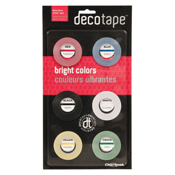Chartpak® Deco Bright Decorative Tape, 1" Core, 0.13" x 27 ft, Assorted Colors, 6/Box (CHADEC001)