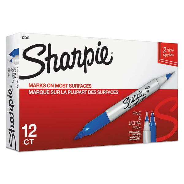 Sharpie® Twin-Tip Permanent Marker, Extra-Fine/Fine Bullet Tips, Blue, Dozen (SAN32003)