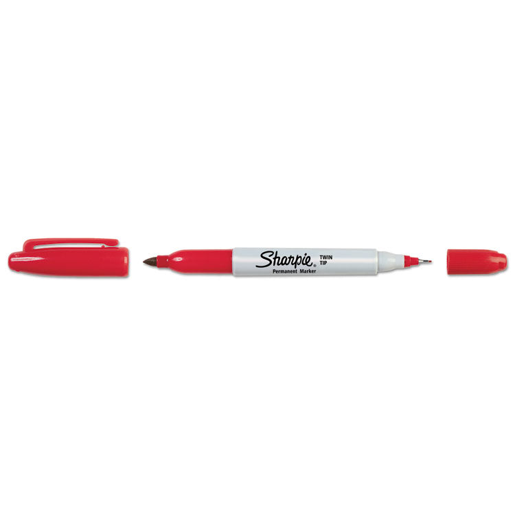 Sharpie® Twin-Tip Permanent Marker, Extra-Fine/Fine Bullet Tips, Red, Dozen (SAN32002)