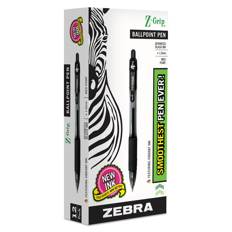 Zebra® Z-Grip Ballpoint Pen, Retractable, Medium 1 mm, Black Ink, Clear/Black Barrel, 12/Pack (ZEB22210) Box of 12
