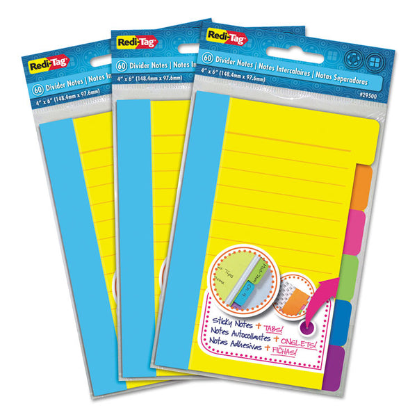 Redi-Tag® Divider Sticky Notes, 6-Tab Sets, Note Ruled, 4" x 6", Assorted Colors, 60 Sheets/Set, 3 Sets/Box (RTG10245)