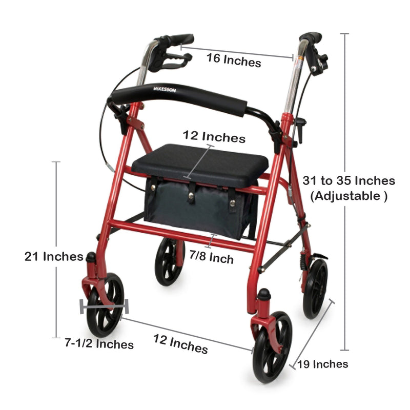 McKesson 4 Wheel Rollator Red Adjustable Height / Folding Steel Frame (1065268_EA) 1/EA