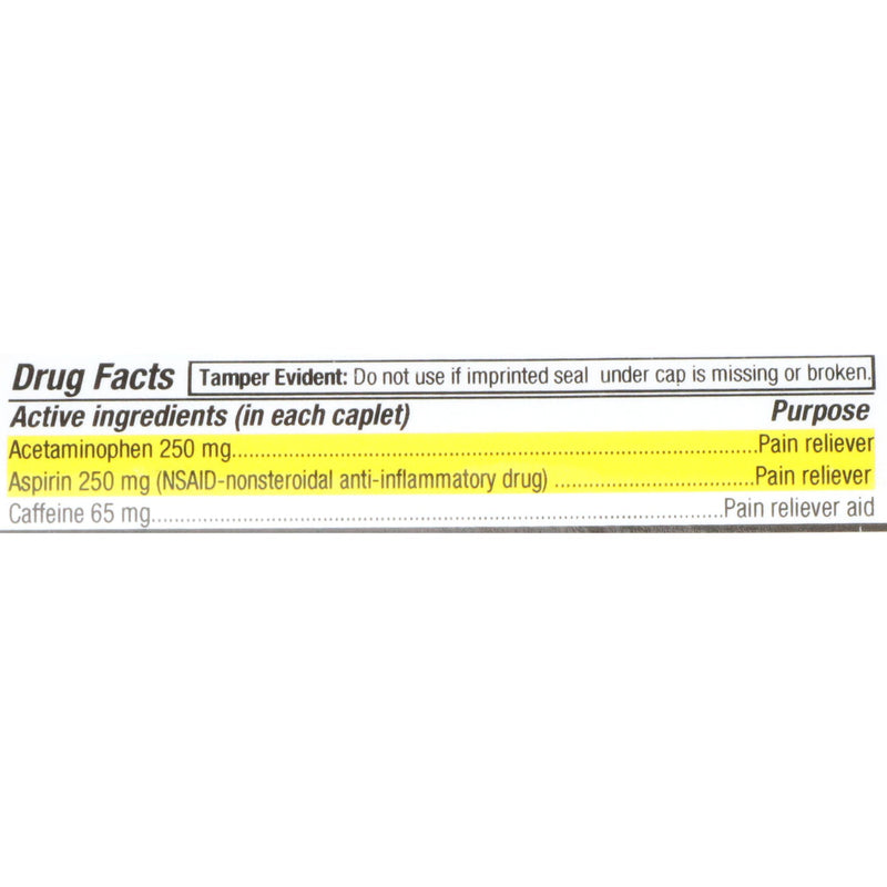 McKesson Brand Pain Relief 250 mg - 250 mg - 65 mg Strength Acetaminophen / Aspirin / Caffeine Caplet 100 per Bottle (868383_CS) 1200/CS