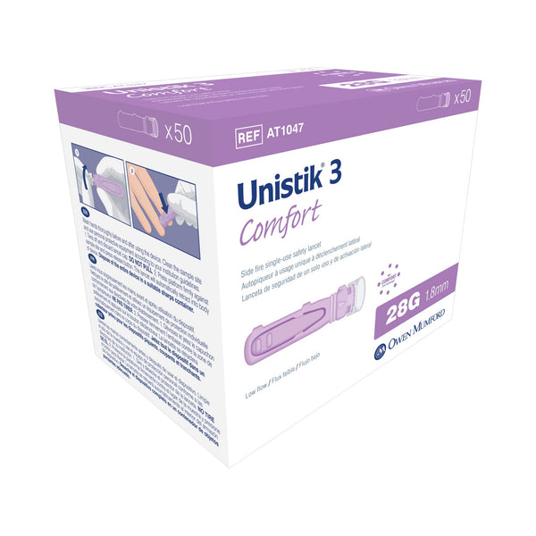 Unistik 3 Safety Lancet 28 Gauge Visual Lockout Push Button Activation Finger (701114_BX) 50/BX