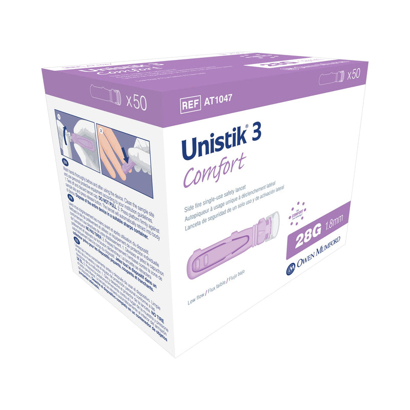 Unistik 3 Safety Lancet 28 Gauge Visual Lockout Push Button Activation Finger (701114_BX) 50/BX