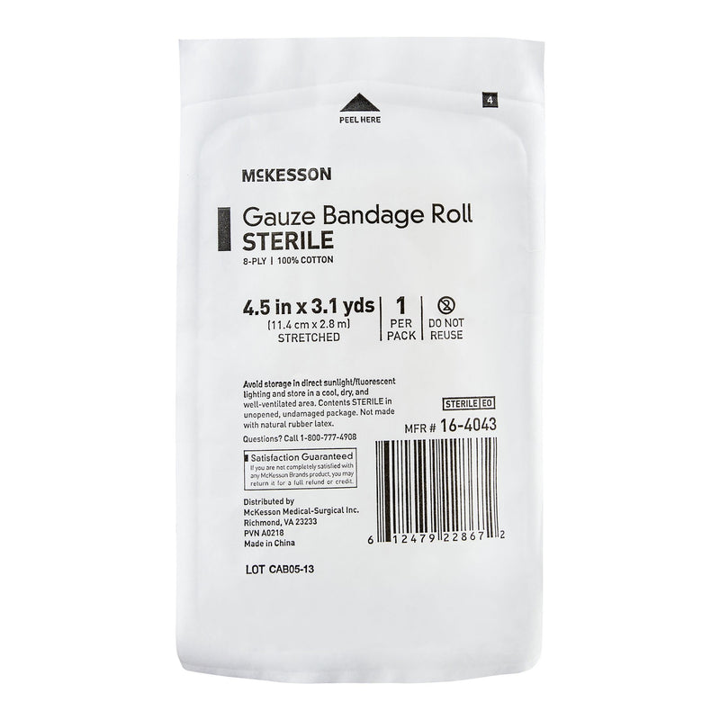 McKesson Fluff Bandage Roll 4-1/2 Inch X 3-1/10 Yard 8-Ply Sterile 1 per Pouch (1102426_CS) 100/CS