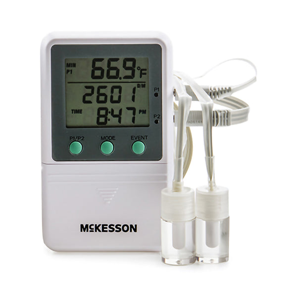 McKesson Digital Refrigerator / Freezer Thermometer with Alarm Fahrenheit / Celsius -58° to +158°F (-50° to +70°C) 2 Glycol Bottle Probes Multiple Mounting Options Battery Operated (1074441_EA) 1/EA