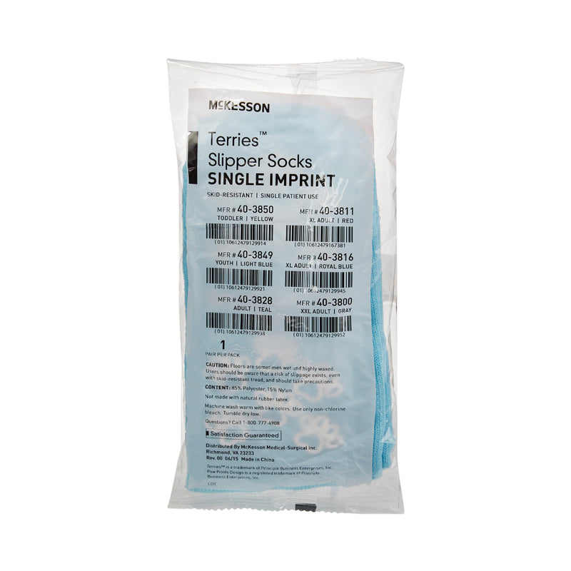 McKesson Terries™ Slipper Socks Unisex Child Single Tread Single Patient Use Light Blue (334873_PR) 1/PR